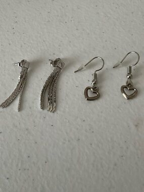Silver Tone Dangle & Heart Drop Earring Set